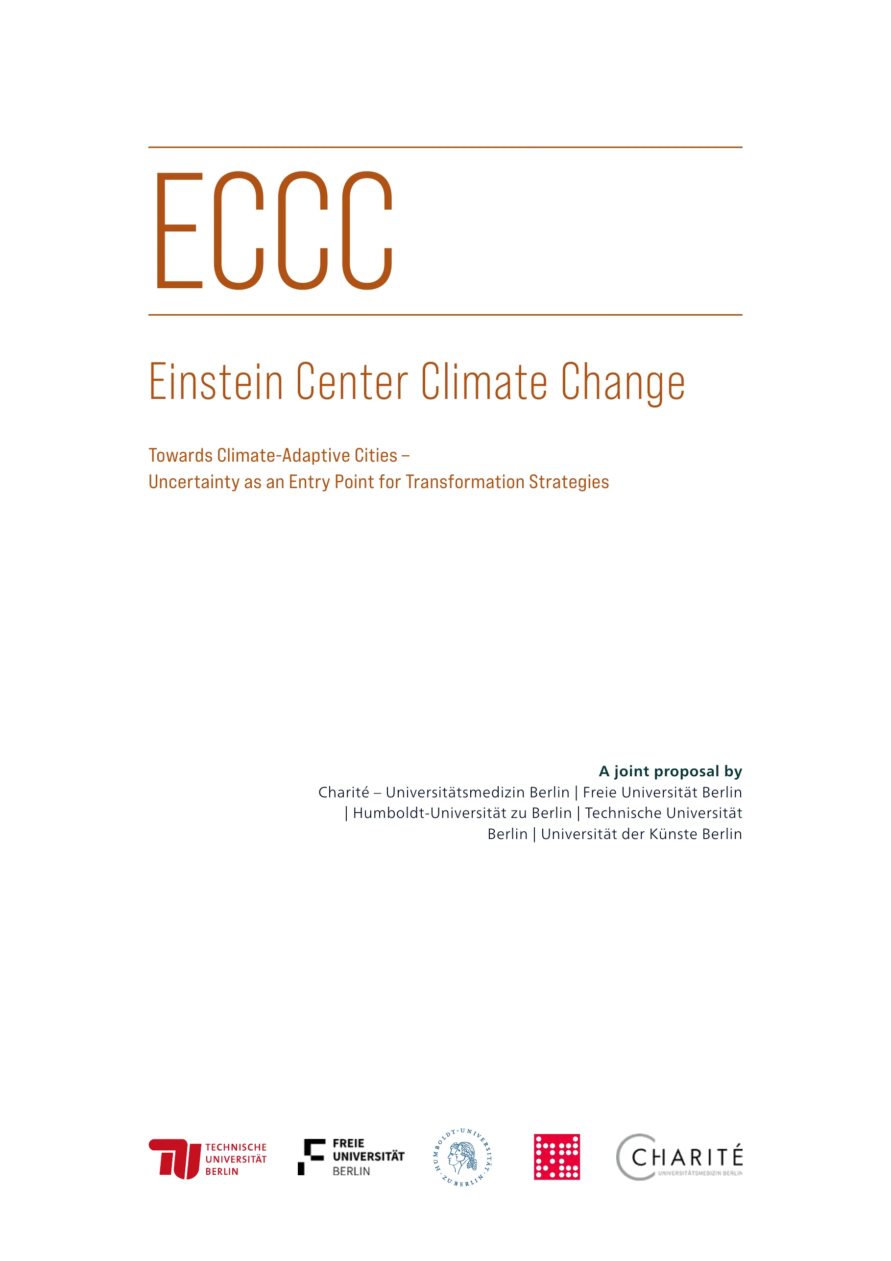 The ECCC funding-application cover: a large olive ‘ECCC’ wordmark over the full title and five partner-university logos.