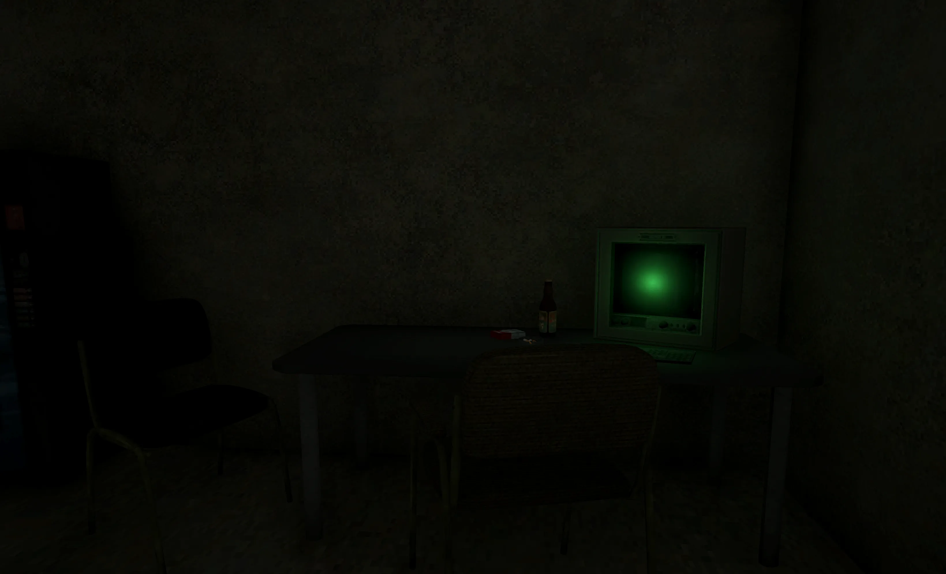 A dim concrete room with a desk, chair and a glowing green CRT monitor.