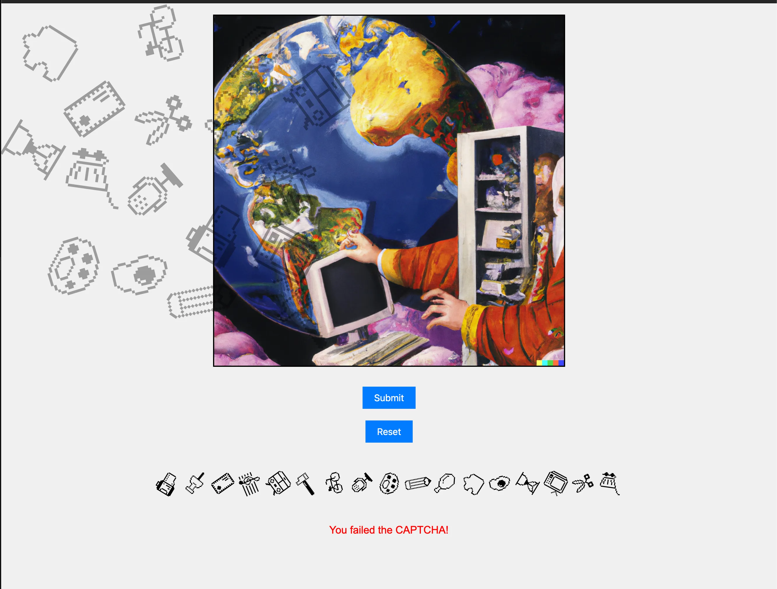 An AI-generated collage of a globe, screens and figures in saturated colour, surrounded by hand-drawn icons.