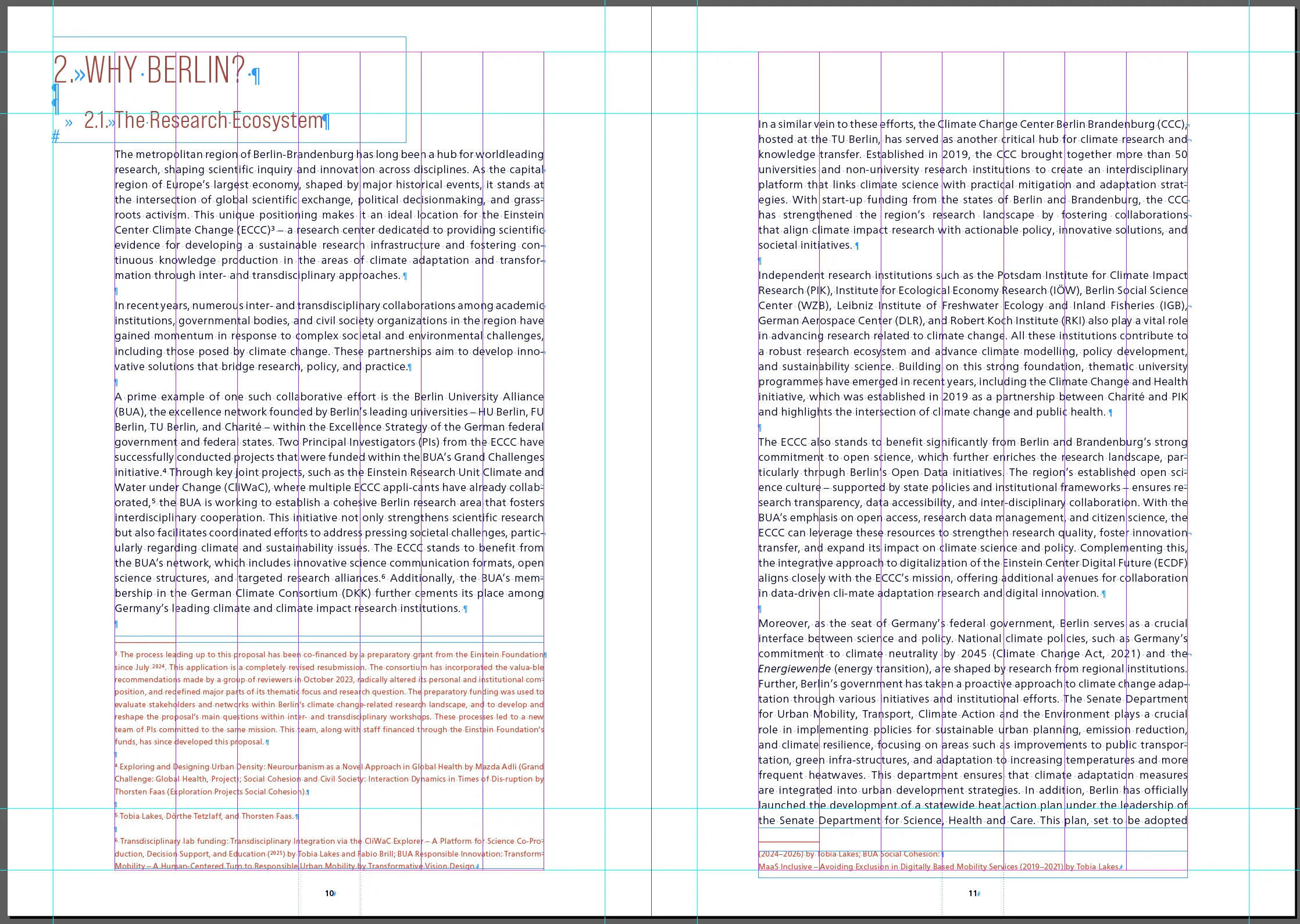 A two-column research document spread with the underlying baseline grid and guides exposed.