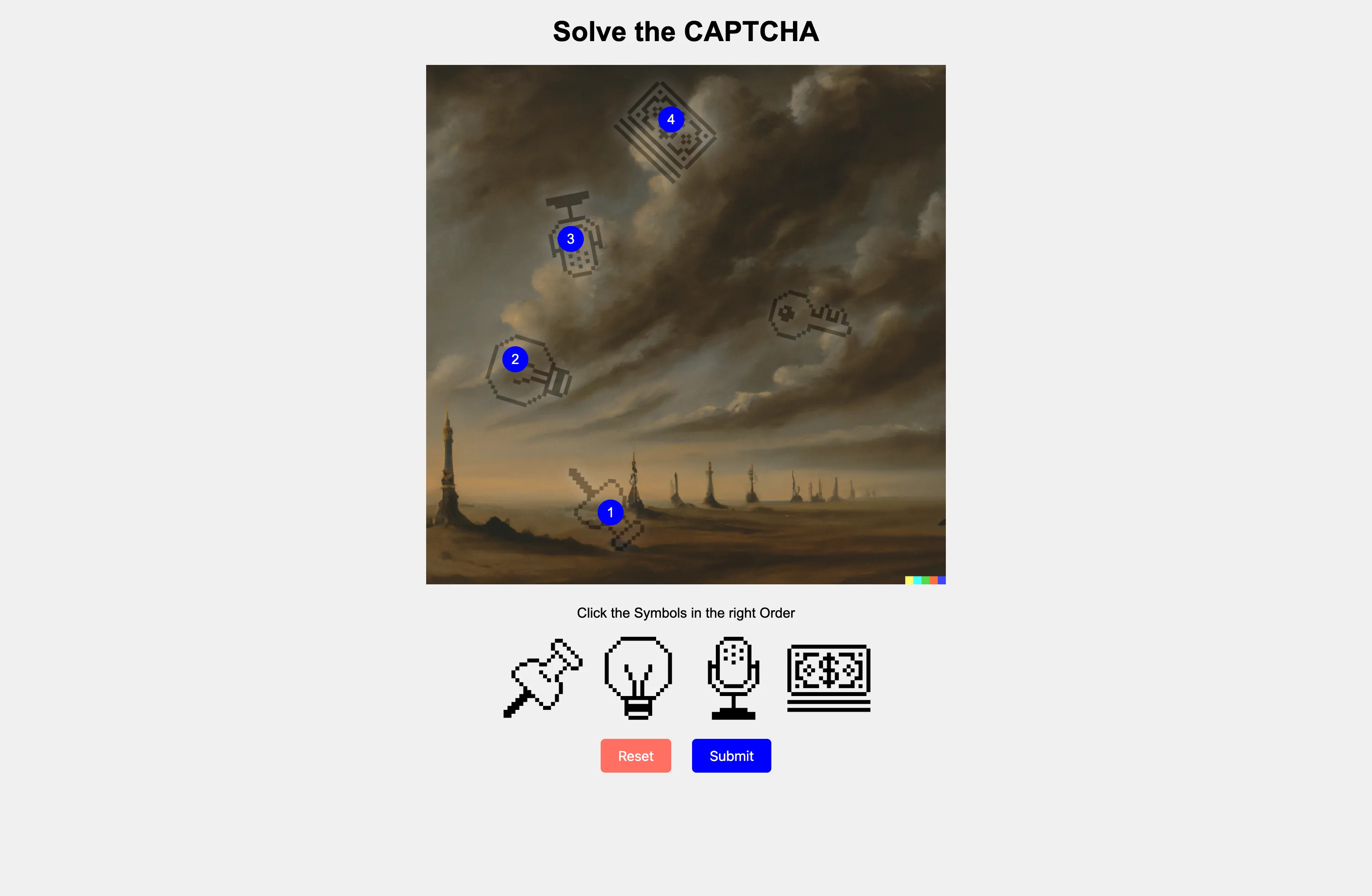 A stormy AI painting reduced to a ‘Solve the CAPTCHA’ challenge with numbered points and pixel icons.