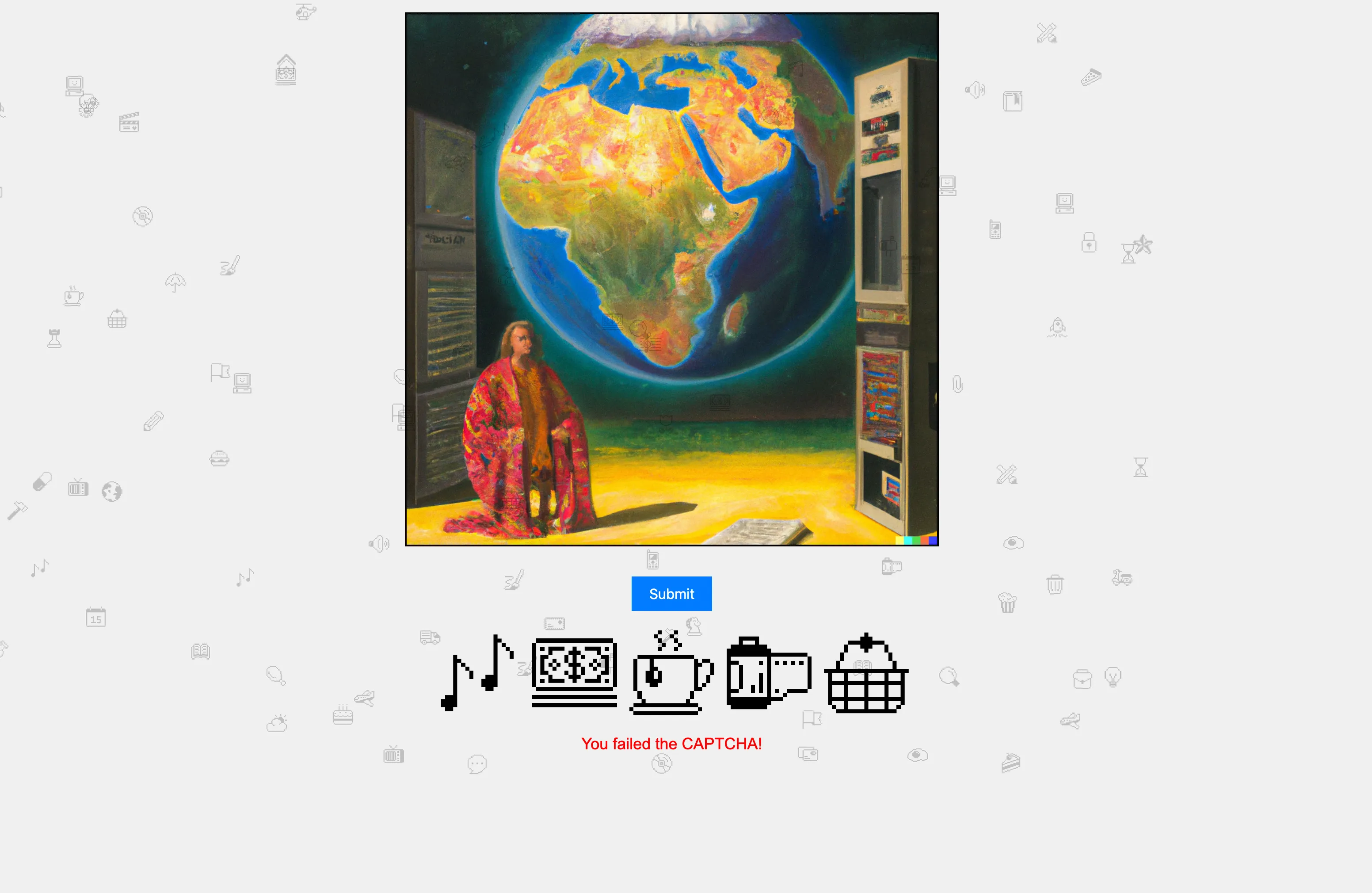 A surreal AI image of a robed figure kneeling before a glowing globe, surrounded by tiny pixel icons and a Submit button.