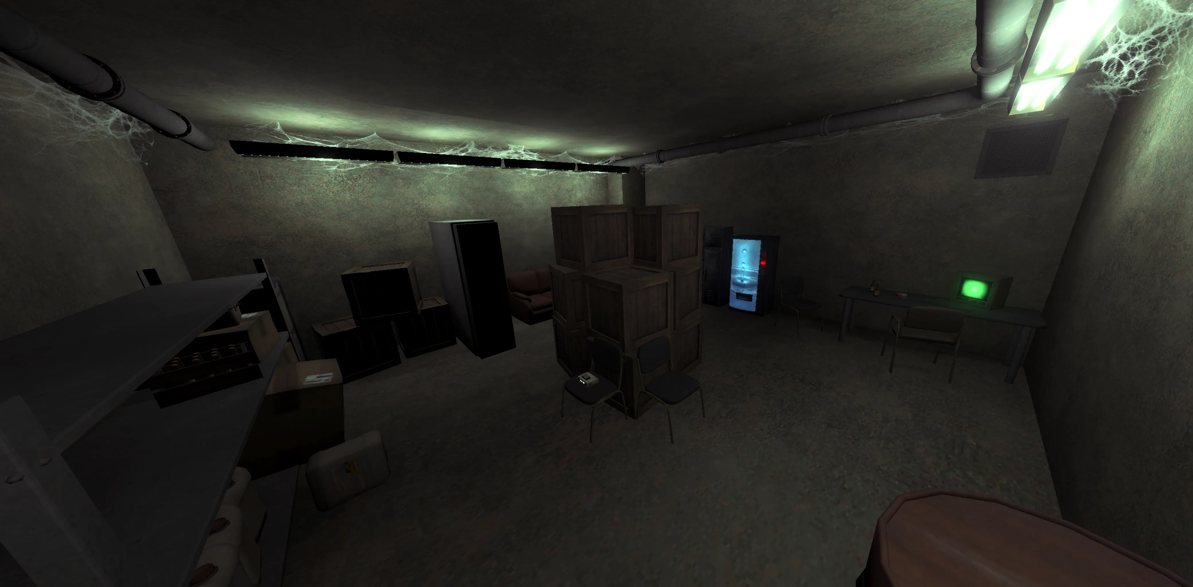 A wider, brighter view of the virtual room with shelving and scattered furniture.