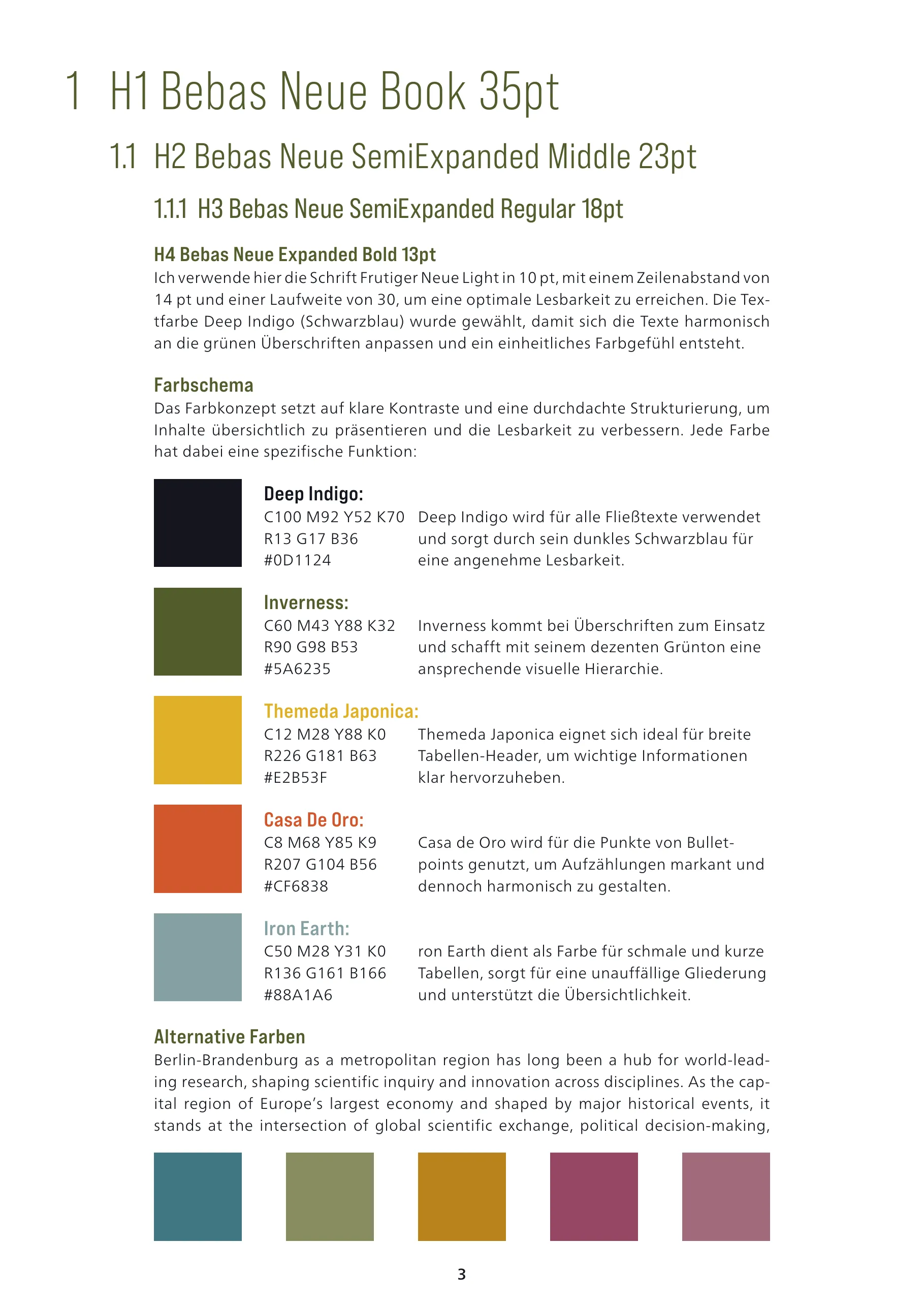 A type-and-colour specification page: Bebas Neue heading hierarchy and a five-swatch palette with CMYK and hex values.