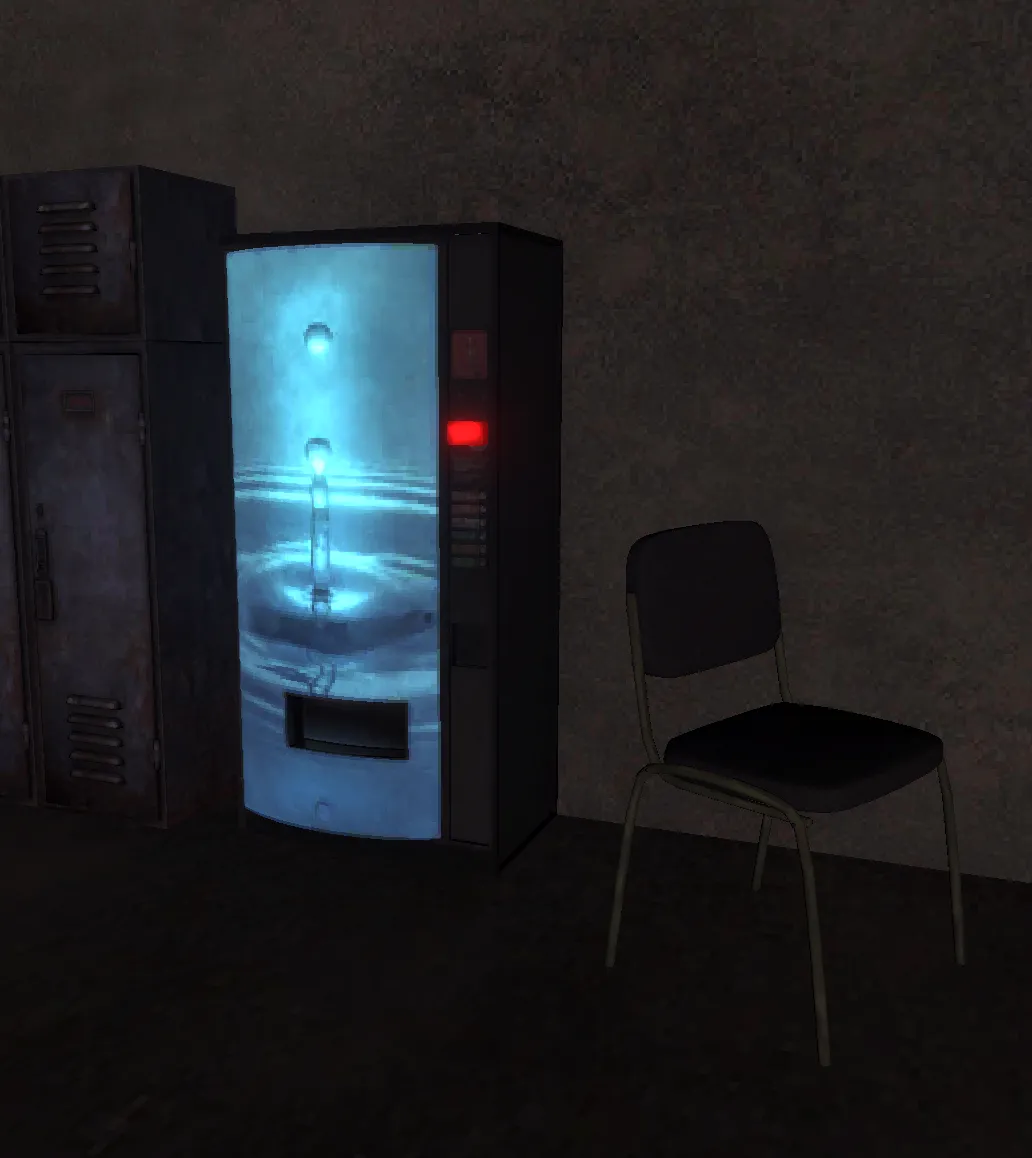 A blue-lit vintage vending machine glowing in a dark virtual room.