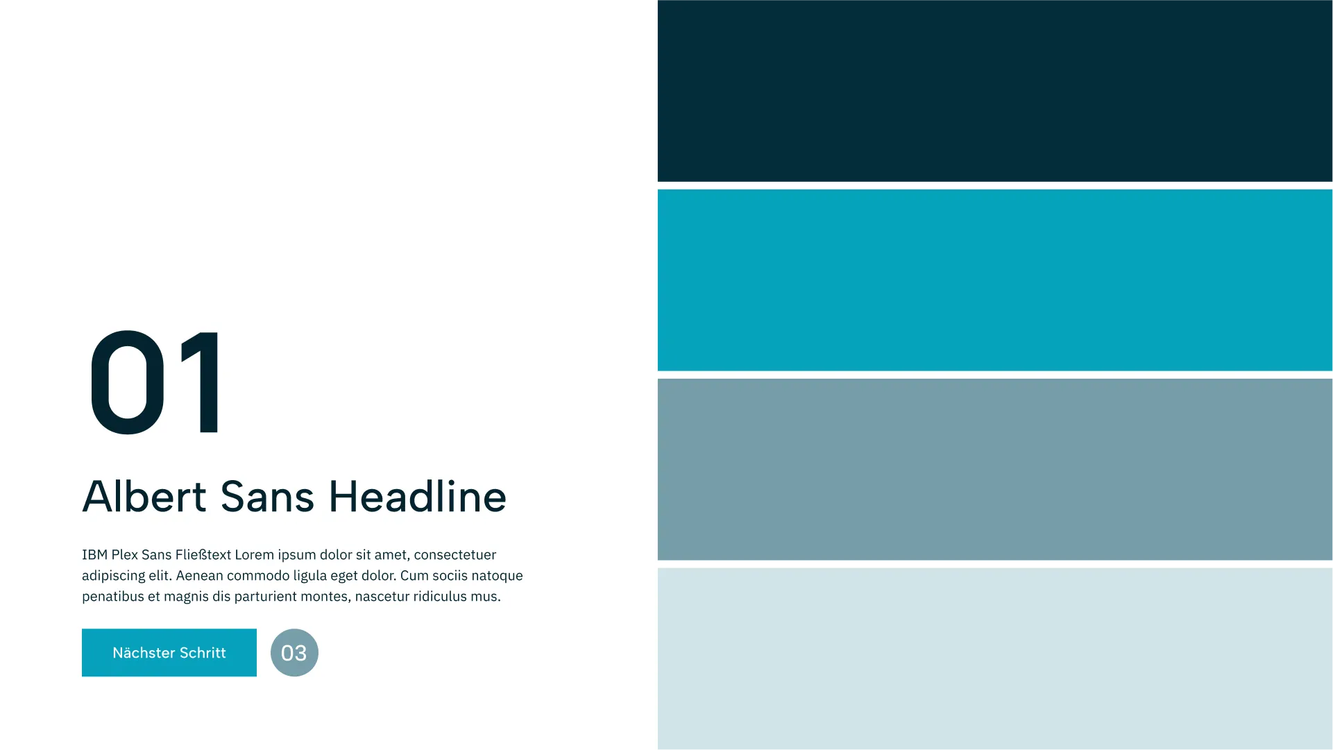 A type and colour specimen showing Albert Sans headlines and a four-step blue palette.