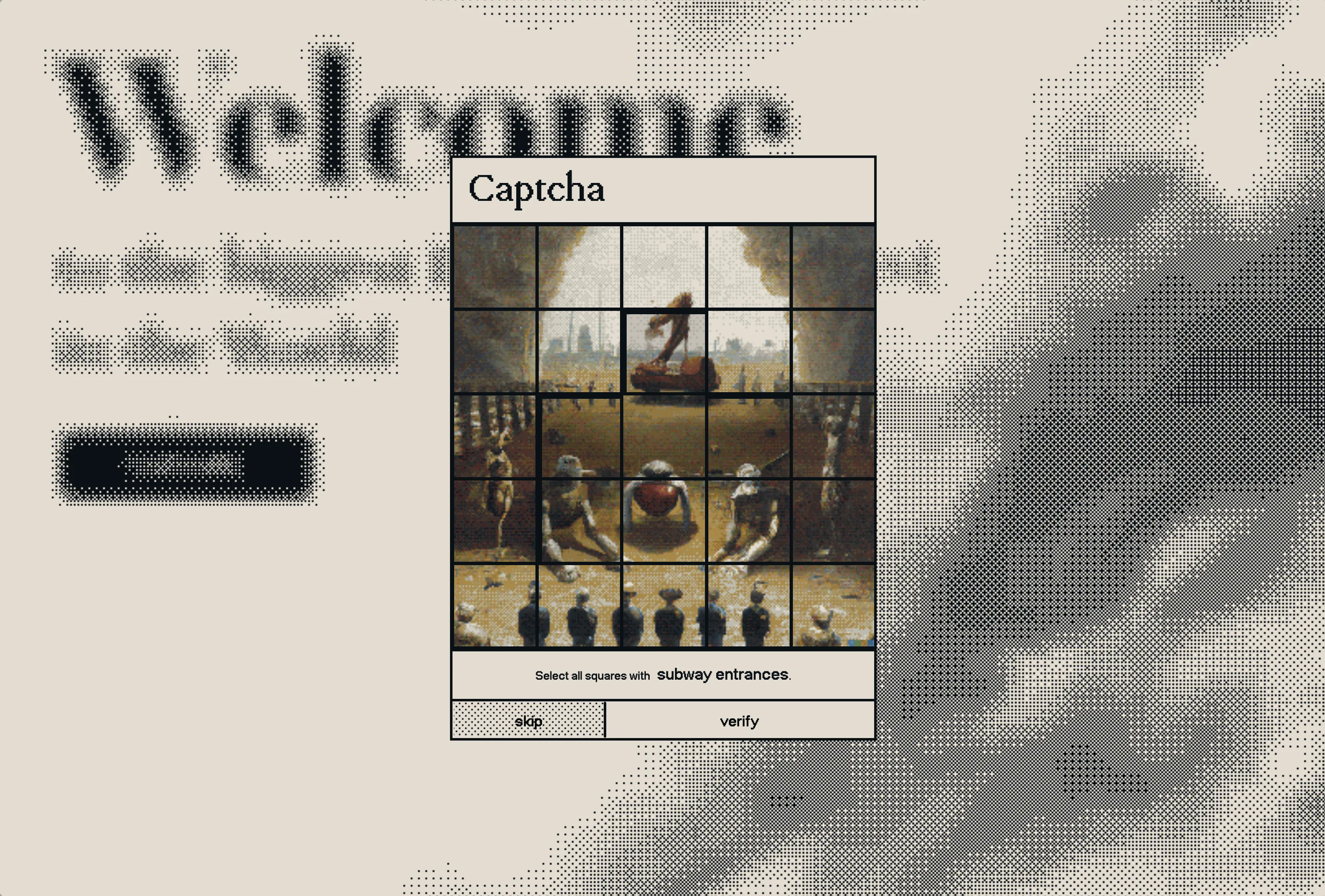 A nine-tile captcha grid overlaid on a blurred ‘Welcome’ hero, asking to select subway entrances.